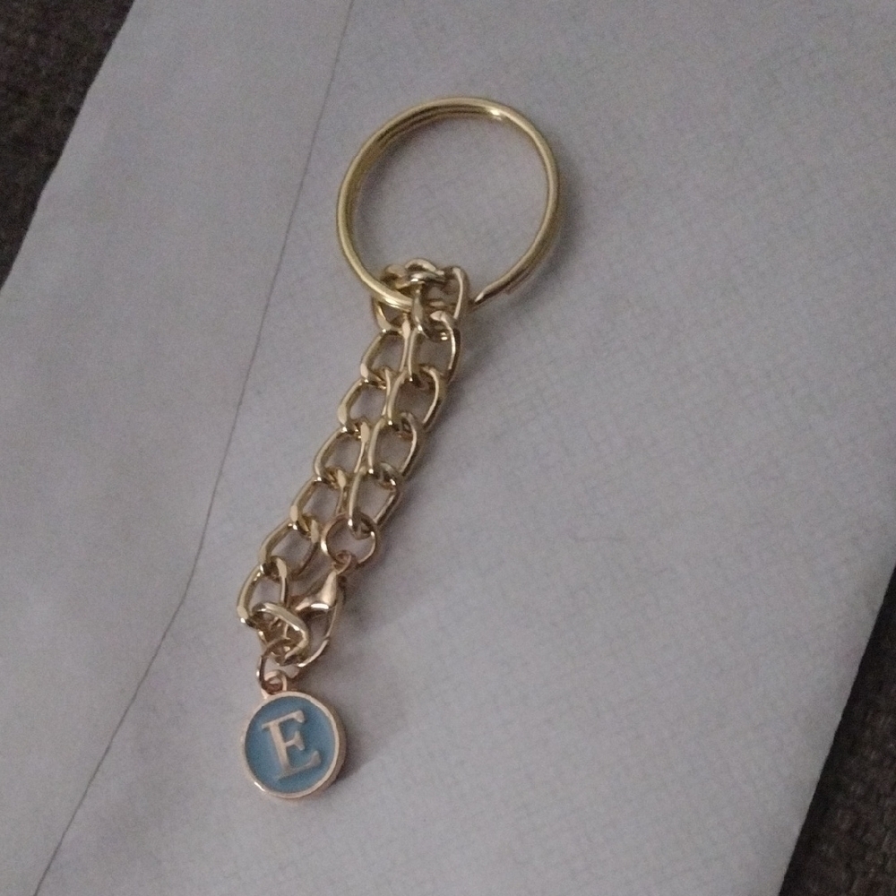 Gold & Blue Enamel Initial E Bag Charm Keychain - Personalized Elegant Accessory - Picture 1 of 4